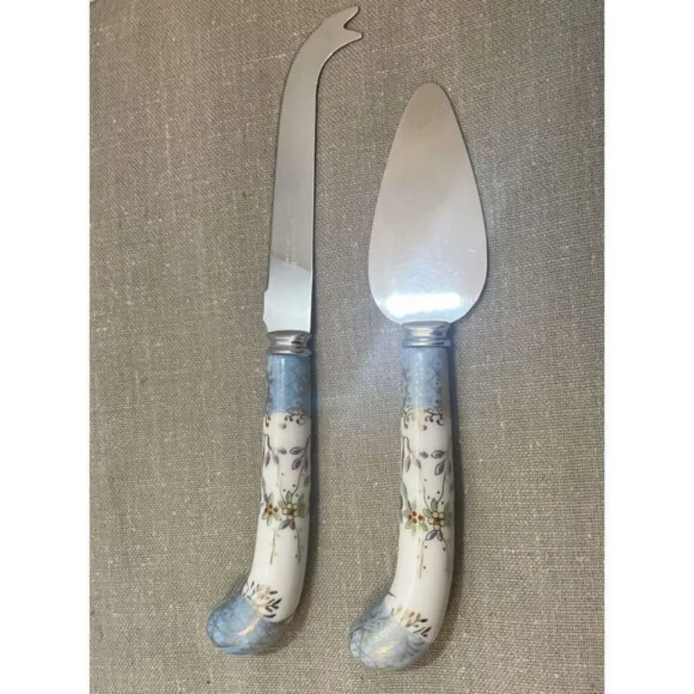 Sheffield England Stainless Cheese Knife &‎ Spreader Porcelain Handles Vintage